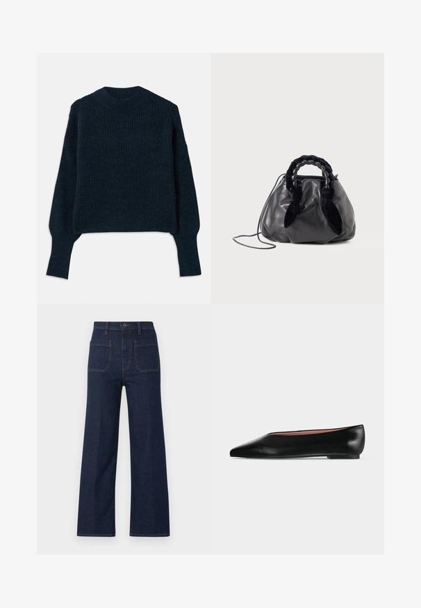 Dunkelnavyblauer, gerippter Strickpullover mit langen Ärmeln und rundem Ausschnitt, auf einem weißen Hintergrund flach ausgelegt.; Dunkelblaue Jeans mit weitem Bein und hoher Taille, zwei aufgesetzten Fronttaschen, Gürtelschlaufen und einem Knopfverschluss vorne.; Schwarzer flacher Damenleder-Schuh mit spitzer Kappe und niedrigem Absatz, von der Seite auf einfarbigem hellgrauem Hintergrund gezeigt.; Schwarze Lederhandtasche mit geflochtenem Samtgriff und dünnem Schulterband, vor einem schlichten hellen Hintergrund.