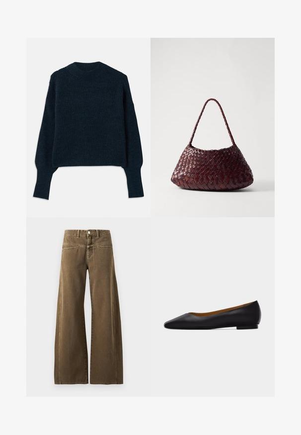 Dunkelnavyblauer, gerippter Strickpullover mit langen Ärmeln und rundem Ausschnitt, auf einem weißen Hintergrund flach ausgelegt.; Braune, hoch taillierte Hose mit weitem Bein, vorne mit Knopf, Gürtelschlaufen und sichtbaren Nähten auf hellem Hintergrund.; Schwarzer flacher Schuh aus Leder mit spitz zulaufender Vorderkappe, niedrigem Absatz und glatter Oberfläche, von der Seite vor einem hellgrauen Hintergrund dargestellt.; DRAGON DIFFUSION ROSANNA - Handtasche - bruciato