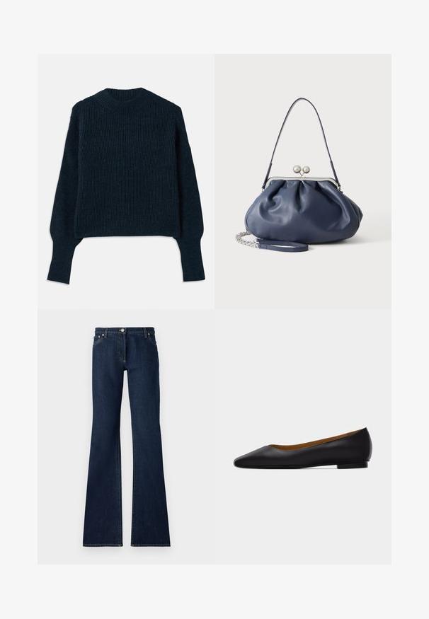 Donker marineblauwe geribbelde trui met lange mouwen en een ronde hals, plat gelegd op een witte achtergrond.; Donkerblauwe uitlopende jeans gemaakt van denim, met een vijf-vakken ontwerp, riemlussen en contrasterende gele stiksels langs de naden.; Zwarte leren puntschoen met lage hak en gladde afwerking, zijaanzicht op een lichtgrijze achtergrond.; Zachte navyblauwe leren handtas met zilveren sluiting, enkele schouderband en afneembare ketting polsband op witte achtergrond.