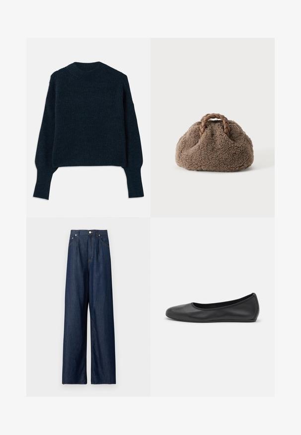 Dunkelnavyblauer, gerippter Strickpullover mit langen Ärmeln und rundem Ausschnitt, auf einem weißen Hintergrund flach ausgelegt.; Dunkelblaue Jeans mit weitem Bein, hohem Bund, Frontknöpfen, Reißverschluss und Seitentaschen vor hellem, einfarbigem Hintergrund.; Schwarze Leder-Ballettschuhe mit abgerundeter Spitze, glatter Textur, minimalen Nähdetails und einem flexiblen Sohlen-Design.; Kleine braune flauschige Handtasche mit geflochtenen Ledergriffen auf einfarbigem hellem Hintergrund.