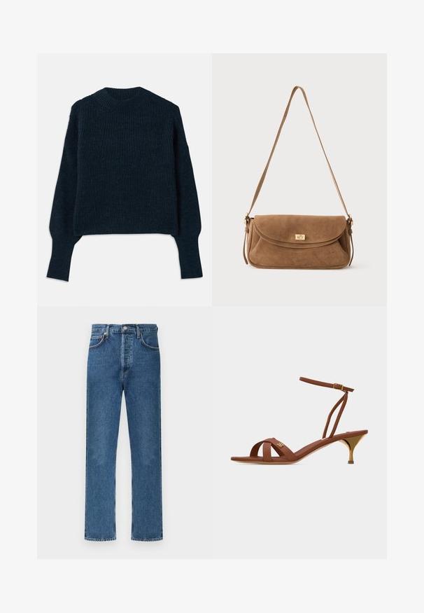 Mørkeblå ribbet striktrøje med lange ærmer og rund halsudskæring lagt fladt på en hvid baggrund.; Blå denimjeans med lige snit, der har et klassisk fem-lomme-design, synlig knapgylp og subtile syningsdetaljer.; Brun lædersandal med remme, gyldent kittenhæl, ankelspænde og lille guldlogo på forreste remme.; Brun ruskind skuldertaske med en lang rem og en gylden rektangulær drejelåslås på den forreste klap mod en ensfarvet baggrund.