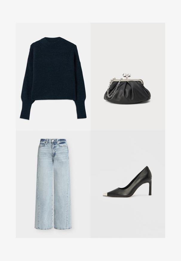 Donker marineblauwe geribbelde trui met lange mouwen en een ronde hals, plat gelegd op een witte achtergrond.; Lichtblauwe jeans met wijde pijpen, hoge taille, knoop en rits aan de voorkant, klassieke zakken en vervaagde details bij de bovenkant en naden.; Zwarte leren hoge hak met een spits toelopende neus en een metalen zilverkleurige kap. Heeft een gladde afwerking en een slanke hak van 10 cm.; Zwarte leren clutch met geplooide textuur, zilverkleurig metalen frame, drukknopsluiting en kettingriem. Glad, zacht oppervlak.