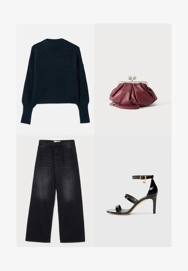 Donker marineblauwe geribbelde trui met lange mouwen en een ronde hals, plat gelegd op een witte achtergrond.; Mother THE SPINNER ZIP SNEAK - Relaxed fit jeans - black; Zwarte gepatineerde leren sandaal met drie banden, enkelgesp en 10 cm hoge stiletto hak. Bevat gouden hardwaredetails en een logo charm.; Kleine bordeauxrode leren clutch met zilveren metalen gesp en polsriem op een witte achtergrond.