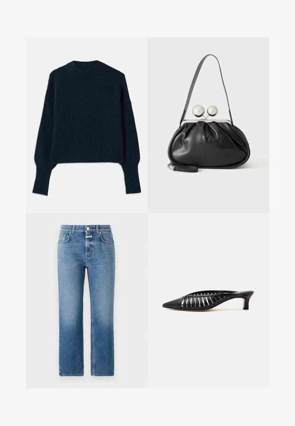 Chandail en tricot côtelé bleu marine foncé avec des manches longues et un col rond, posé à plat sur un fond blanc.; CLOSED MILO - Jean droit - mid blue; Mule en cuir noir avec bout pointu, design découpé à brides et petit talon kitten sur fond blanc.; Sac à main en cuir noir avec un design plissé, une sangle unique, un cadre métallique argenté et deux grandes fermoirs ronds en argent.