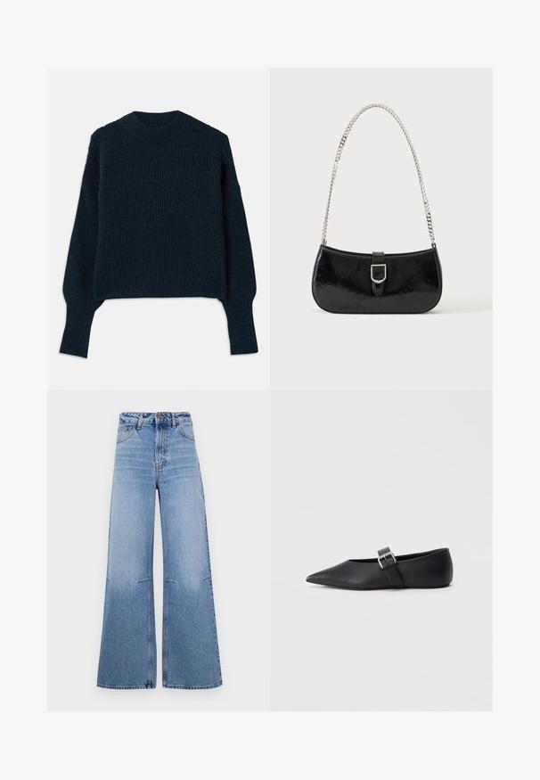 Donker marineblauwe geribbelde trui met lange mouwen en een ronde hals, plat gelegd op een witte achtergrond.; Lichtblauwe wijde denimjeans met hoge taille, met voorzakken en naaddetails die verticaal over de benen lopen.; Zwarte leren platte schoen met puntige neus en zijriem met gesp. Gladde textuur, minimalistisch ontwerp, laag profiel. Geschikt voor casual draagstijl.; Zwarte lakleren schoudertas met een zilveren gespdetail en een zilveren kettingriem, getoond tegen een effen lichte achtergrond.