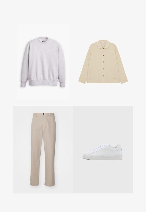 Grå sweatshirts med rund halsudskæring, lange ærmer, ribbede manchetter og kant. Har et lille "Levi's" logo i lysegul på forsiden.; Beige langærmet knapjakke med krave og to forlommer med lapper, med brune knapper og en diskret tekstur.; Beige lige benbukser i letvægtsstof, med knaplukning og subtile syninger. Flad front med sidelommer.; Hvide sneakers i lav model og læder med rund snude, flade snørebånd, tekstureret sål og diskret guldfarvet logo på siden. Glat overflade og minimalistisk design.