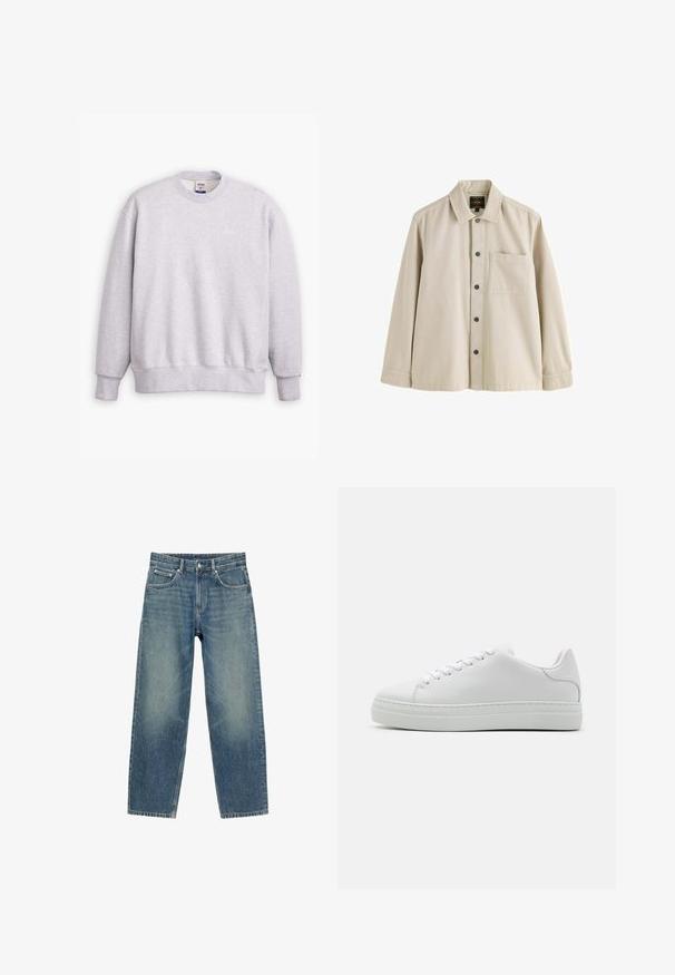 Grå sweatshirts med rund halsudskæring, lange ærmer, ribbede manchetter og kant. Har et lille "Levi's" logo i lysegul på forsiden.; Beige langærmet skjorte med knapper, krave og en brystlomme, lavet af et robust stof.; Blå straight-leg jeans i denim med frontlommer, bæltestropper og knaplukning, vist mod en hvid baggrund.; Hvide lædersneakers med en chunky platformsål, rund tå og seks snørehuller. Glat tekstur med subtile syninger.