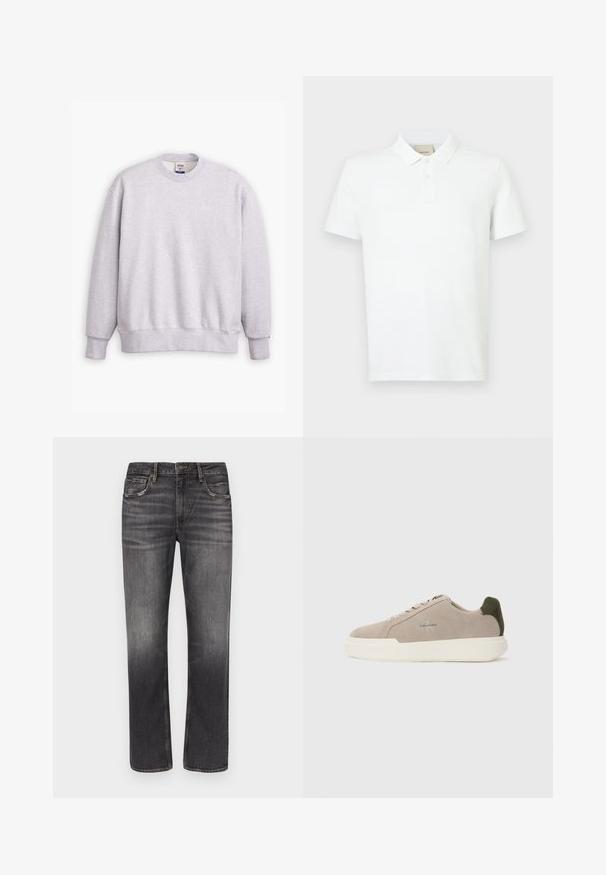Grå sweatshirts med rund halsudskæring, lange ærmer, ribbede manchetter og kant. Har et lille "Levi's" logo i lysegul på forsiden.; Hvid polo skjorte lavet af blødt bomuld, med korte ærmer, klassisk krave, tv-button placket og et diskret logo på brystet.; Mænds lige mørkegrå denimjeans med let falmning og klassisk fem-lomme-design mod en hvid baggrund.; Beige ruskinds sneakers med en hvid gummisål, der har en mørkegrøn hælaccent og subtil branding på siden.