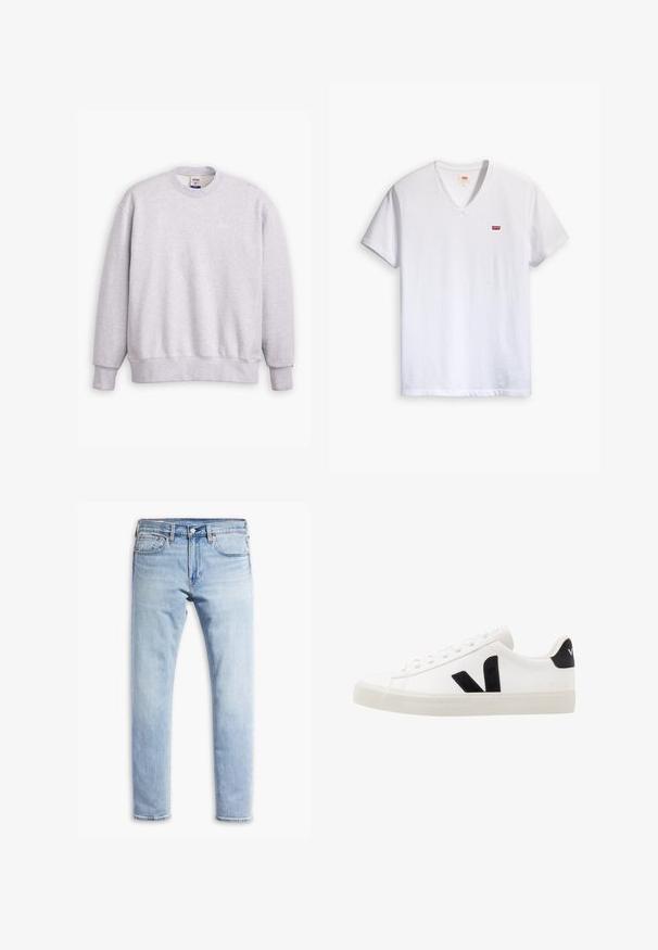 Grå sweatshirts med rund halsudskæring, lange ærmer, ribbede manchetter og kant. Har et lille "Levi's" logo i lysegul på forsiden.; Hvid bomulds V-hals t-shirt med korte ærmer og et lille rødt Levi's-logo på brystet. Blød tekstur, afslappet design.; Lysblå slim-fit denimjeans med knap- og lynlåslukning, fem-lomme stil og diskret falmning langs benene.; Hvide lædersneakers med sorte ruskindsdetaljer; har en gummisål, rund tå og klassisk snørebåndsdesign. Side logo i sort.