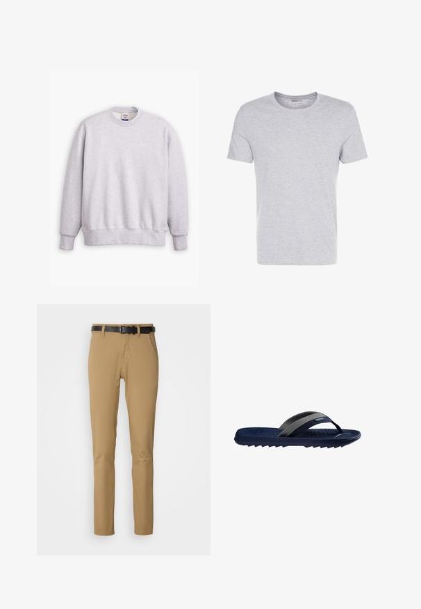 Grå sweatshirts med rund halsudskæring, lange ærmer, ribbede manchetter og kant. Har et lille "Levi's" logo i lysegul på forsiden.; Grå bomulds T-shirt med rund hals, korte ærmer og et enkelt design, som har en blød, glat tekstur uden synlige mønstre eller udsmykninger.; Khaki bukser med slim fit design, lavet af blødt stof. Har et sort bælte, to forlommer og en lige benpasform.; Marineblå flip-flop sandal med tekstureret fodseng, grå og sorte remme og rillede såler, vist fra siden på hvid baggrund.