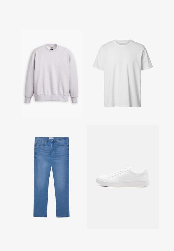 Grå sweatshirts med rund halsudskæring, lange ærmer, ribbede manchetter og kant. Har et lille "Levi's" logo i lysegul på forsiden.; Enkelt hvid T-shirt med korte ærmer og rund hals, løs pasform og uden synlige logoer eller designs foran.; Lyseblå denimjeans med lige ben, femlommes design, subtil falming og metalbeslag ved taljen og lommerne.; Hvid lavtop-sneaker med snørelukning, glat læderoverdel og tyk gummisål vist i sideprofil mod en ensfarvet baggrund.
