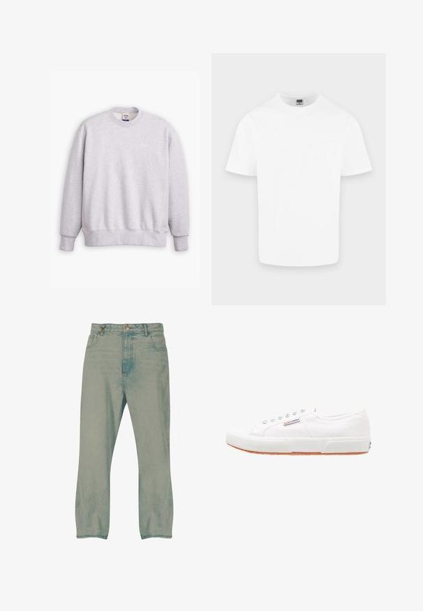 Grå sweatshirts med rund halsudskæring, lange ærmer, ribbede manchetter og kant. Har et lille "Levi's" logo i lysegul på forsiden.; Enkelt hvid kortærmet T-shirt med rund hals i bomuld vist på en lys grå baggrund.; Lyseblå jeans med lige ben, forrest knapper, bæltestropper og forlommer, vist mod en hvid baggrund.; Hvide kanvas sneakers med gummisål, snørebåndsdesign og et lille logo mærke på siden. Tekstureret hvid overdel og brun ydersål.