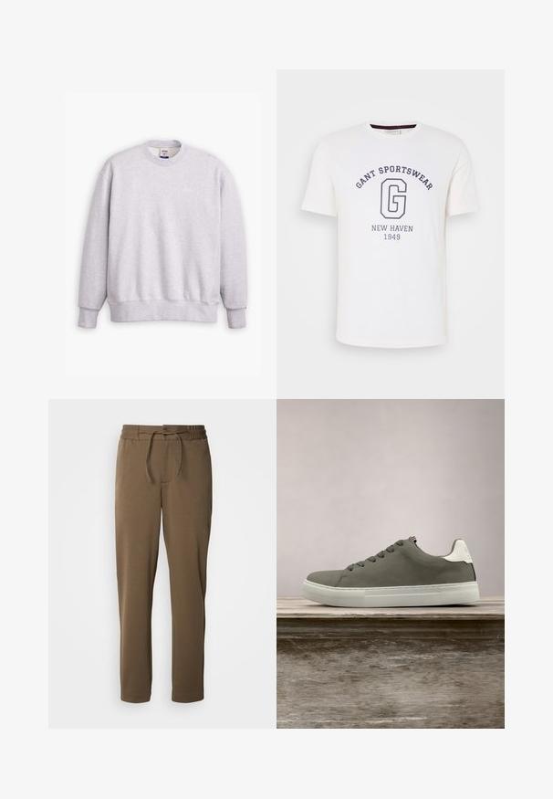 Grå sweatshirts med rund halsudskæring, lange ærmer, ribbede manchetter og kant. Har et lille "Levi's" logo i lysegul på forsiden.; Hvid bomulds T-shirt med rund halsudskæring, korte ærmer og mørkeblå trykt tekst: "GANT SPORTSWEAR," "NEW HAVEN," og "1949."; Brune, tapered sweatpants med elastisk talje og snoretræk. Blød, glat tekstur med sidelommer og et enkelt design.; Grå sneaker med en glat overdel, hvide accenter og gummisål. Har et klassisk snørelukningsdesign og en struktureret tåhætte.
