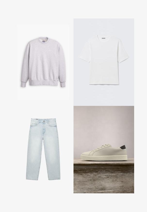 Grå sweatshirts med rund halsudskæring, lange ærmer, ribbede manchetter og kant. Har et lille "Levi's" logo i lysegul på forsiden.; Hvid, kortærmet t-shirt med rund hals og et lille "WEEKDAY"-mærke på indersiden af bagkraven, vist på en flad overflade.; Lyseblå højtaljede jeans med lige ben, forrest med knap og lynlås, bæltestropper og design med fem lommer på hvid baggrund.; Hvid sneaker med tekstureret sål og sort hældetalje, svævende over en træbænk med højt grønt græs i baggrunden.