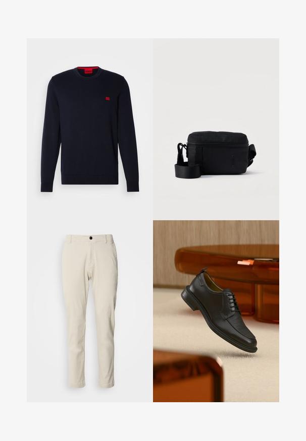 Pull en tricot bleu marine avec un col rond, des poignets et un ourlet côtelés, et un petit logo rouge sur la poitrine. Texture lisse, design décontracté.; Chinos beige avec une coupe droite, fabriqués en tissu de coton doux, dotés d'une fermeture éclair et d'un seul bouton noir.; Chaussure habillée noire en cuir à lacets avec devant texturé, flottant au-dessus d'un tapis beige dans une pièce moderne avec des meubles teintés d'ambre.; Sac de bandoulière noir compact avec fermeture éclair, bandoulière réglable et logo "HUGO" en relief à l'avant sur fond uni.