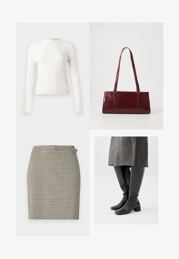Pull à col rond à manches longues en maille côtelée blanche avec une coupe ajustée et un ourlet droit, présenté sur un fond uni.; Jupe courte à motif pied-de-poule, avec un schéma de couleurs beige et noir, design ajusté et passants pour ceinture à la taille.; Bottes en cuir noir montant jusqu'au genou avec un bout carré, un talon bloc incliné et une fermeture éclair latérale ; texture lisse et design ajusté.; Sac à main bordeaux en matériau brillant, de forme rectangulaire, avec deux anses et des accents légèrement courbés à l'avant.