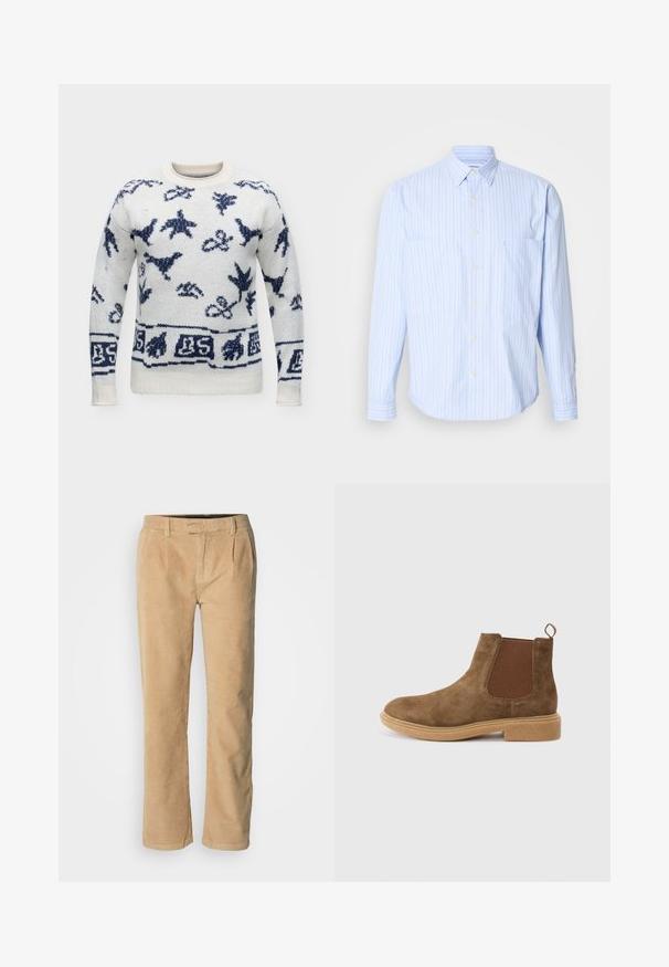 Pull blanc tricoté avec motifs abstraits d'oiseaux et de feuilles bleu marine, col rond et poignets et bas en côte.; Chemise bleu clair à boutons avec des rayures verticales blanches et pastel, en coton doux, deux poches poitrine et manches longues.; Pantalons en velours côtelé beige à coupe droite, avec deux plis devant, passants de ceinture et une texture lisse. Sans matériel visible ni motifs.; Bottine en suède marron avec panneaux latéraux élastiques, bout rond et semelle en caoutchouc texturée. Elle se distingue par une petite boucle à l'arrière pour un enfilage facile.