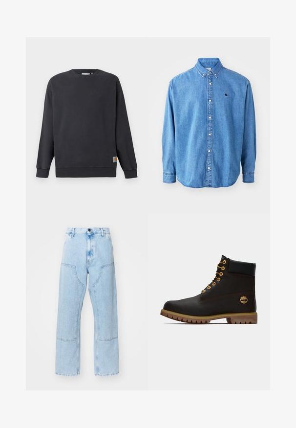 Donkergrijze crewneck sweatshirt met ribbed manchetten en zoom. Bevat een klein geweven logo-label aan de linksonderzijde. Van katoen, met een soepele textuur.; Denim button-up shirt, lichtblauw van kleur, met een puntkraag, lange mouwen en een klein logo op de borst. Voorzien van witte knopen en gestikte naden.; Lichtblauwe, rechte denimjeans met grote voorkezen en contrasterende stiksels. De stof heeft een vervaagde, zachte textuur.; Zwarte leren enkellaars met gouden oogjes, bruine accenten en een rubberen zool. Heeft een gevoerde kraag en geperst logo aan de zijkant.