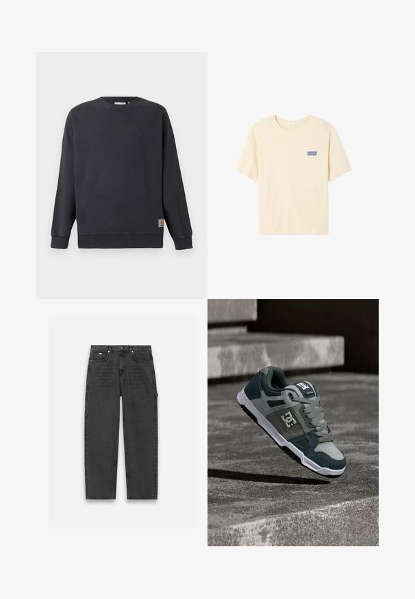 Mørkegrå crewneck sweatshirt med ribstrikkede manchetter og søm. Har en lille vævet logo-label på nederste venstre side. Lavet i bomuldsstof med en glat tekstur.; Beige T-shirt med korte ærmer, rund halsudskæring og lille blåt "American Vintage"-logo på venstre bryst.; Mørkegrå denim bukser med lige ben design, fem-lomme stil og en synlig knap- og lynlåslukning. Har minimal detaljer.; Grå og mørkegrøn DC skate-sko med hvid sål og logo, svævende over betonstrin i udendørs omgivelser.