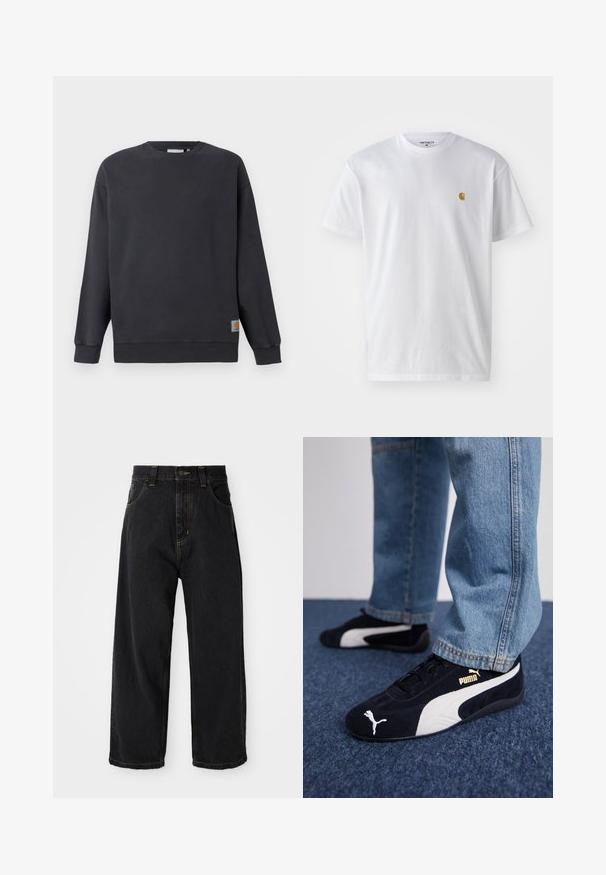 Sweatshirt à col rond gris foncé avec des poignets et un ourlet côtelés. Présente une petite étiquette logo tissée sur le bas du côté gauche. Matériau en coton, texture lisse.; T-shirt en coton blanc à manches courtes, col rond, avec un petit logo doré sur la poitrine gauche. Texture douce et coupe régulière.; Jeans en denim noirs à coupe large avec taille haute, bouton avant, fermeture éclair et surpiqûres jaunes sur les poches et les coutures.; Baskets en daim noir avec accents blancs, arborant un logo doré. Portées avec un jean en denim bleu clair et posées sur une surface bleue texturée.