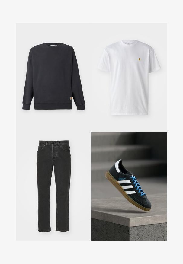 Donkergrijze crewneck sweatshirt met ribbed manchetten en zoom. Bevat een klein geweven logo-label aan de linksonderzijde. Van katoen, met een soepele textuur.; Witte katoenen t-shirt met korte mouwen en ronde hals, voorzien van een klein gouden logo op de linkerkant van de borst. Zachte textuur en een normale pasvorm.; Zwarte denim jeans met een recht gesneden ontwerp, klassieke vijf-pocket styling, knoop tailleband en een vervaagde afwerking. Gladde textuur, geen zichtbare patronen.; Zwarte Adidas-sneaker met witte strepen, blauwe veters en een gumzool die boven een grijze betonnen trede zweeft in zacht licht.
