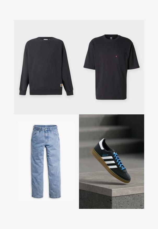 Dunkelgrauer Rundhals-Pullover mit gerippten Bündchen und Saum. Mit einem kleinen gewebten Logolabel auf der unteren linken Seite. Aus Baumwollmaterial, mit glatter Textur.; Schwarzes T-Shirt mit kurzem Arm, Rundhalsausschnitt und Brusttasche mit kleinem rotem Levi's-Logo-Tab an der Tasche vor einfachem hellem Hintergrund.; Hellblaue gerade geschnittene Jeans mit vorderem Knopf- und Reißverschluss, Gürtelschlaufen und schrägen Vordertaschen.; Schwarzer Adidas-Sneaker mit weißen Streifen, blauen Schnürsenkeln und Gummisohle, der über einer grauen Betontreppe im weichen Licht schwebt.