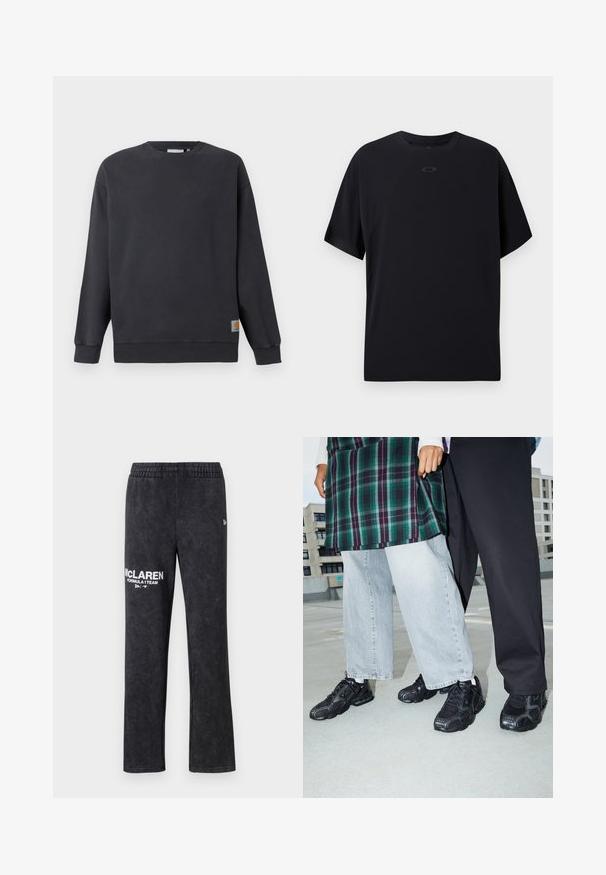 Dunkelgrauer Rundhals-Pullover mit gerippten Bündchen und Saum. Mit einem kleinen gewebten Logolabel auf der unteren linken Seite. Aus Baumwollmaterial, mit glatter Textur.; Schwarzes T-Shirt mit kurzen Ärmeln aus leichtem Stoff, das einen Rundhalsausschnitt, Raglanärmel und ein dezentes Logo auf der Brust aufweist.; Schwarze Jogginghose aus weichem Stoff, mit einem elastischen Bund und einem weißen Drucklogo: "McLAREN FORMULA 1 TEAM" auf dem Bein.; Schwarze Sportschuhe mit Mesh- und Gummielementen. Kombiniert mit hellgrauen weiten Jeans und einem karierten grünen Oberteil. Flacher Hintergrund.