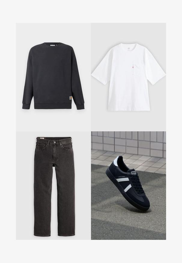Donkergrijze crewneck sweatshirt met ribbed manchetten en zoom. Bevat een klein geweven logo-label aan de linksonderzijde. Van katoen, met een soepele textuur.; Wit katoenen T-shirt met korte mouwen, ronde hals en een borstzak aan de linkerkant. Heeft een klein rood logotagje op de zak.; Zwarte denim jeans met een rechte pijpontwerp, vijf zakken en metalen accenten. De stof heeft een lichte textuur en een effen kleurafwerking.; Zwarte leren sneaker met witte strepen, een gestructureerde rubberen zool en vetersluiting aan de voorkant. Voorzien van een merklabel op de tong.