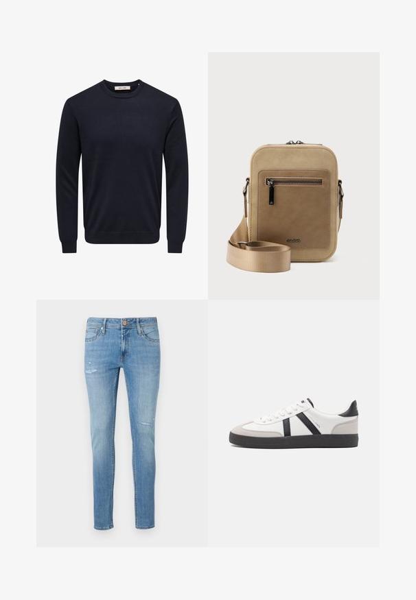 Pull bleu marine à manches longues avec col rond, bord-côtes aux poignets, à l'ourlet et à l'encolure, étiquette "Only & Sons" à l'intérieur du col.; Jean en denim bleu clair avec une coupe slim, présentant des détails légèrement déchirés et un design à cinq poches, fini par une fermeture à bouton standard.; Baskets blanches avec des accents noirs et gris, présentant un embout texturé gris, une semelle en caoutchouc noir et des lacets plats blancs. Design épuré, style minimaliste.; Petit sac bandoulière beige avec poche avant zippée, logo métallique ALDO, sangle large ajustable et forme rectangulaire arrondie sur fond blanc.