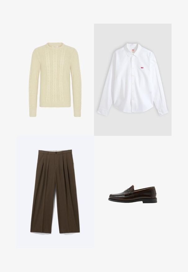 Blend BHBASIM - Jersey de punto - oyster gray; Camisa blanca de manga larga con botones, cuello y pequeño logo rojo de Levi's en el área izquierda del pecho sobre un fondo neutro.; Pantalones marrones de pierna ancha con finas rayas verticales, cierre de botón, presillas para cinturón y pliegues delanteros.; Mocasín penny de cuero marrón oscuro con puntera mocasín cosida, tacón bajo y acabado liso, mostrado en perfil lateral sobre fondo blanco.