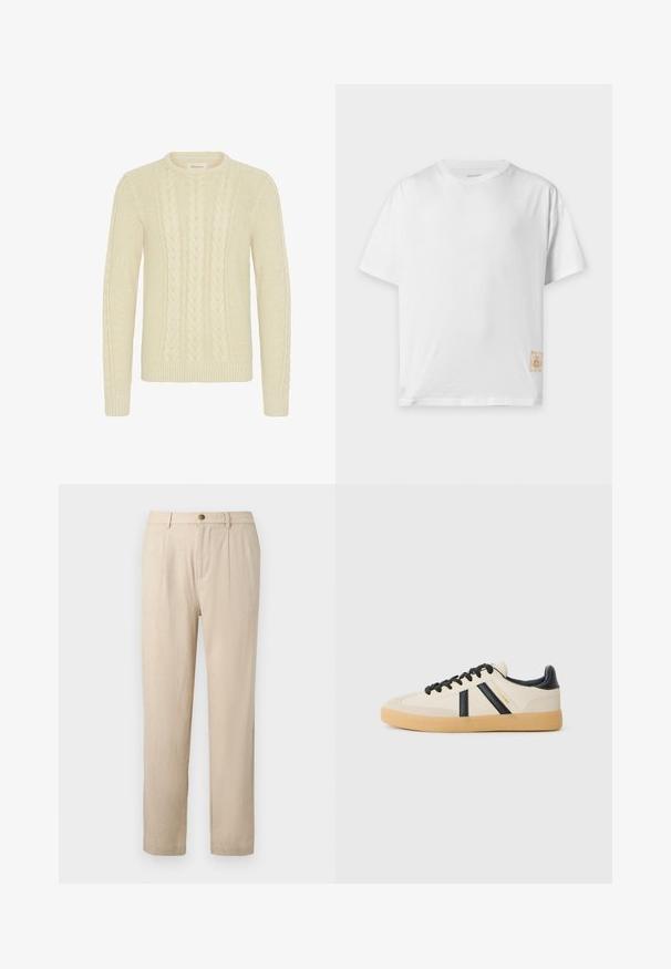 Blend BHBASIM - Jersey de punto - oyster gray; Camiseta sencilla blanca de algodón de manga corta con cuello redondo y pequeña etiqueta de tela beige cerca del dobladillo inferior en el lado derecho.; Pantalones beige a medida con pinzas frontales, cierre con botón, trabillas para cinturón y corte de pierna recta.; Zapatillas casuales en crema con rayas negras, con parte superior texturizada y suela de goma. Los cordones son negros. Logo sutil en el costado.