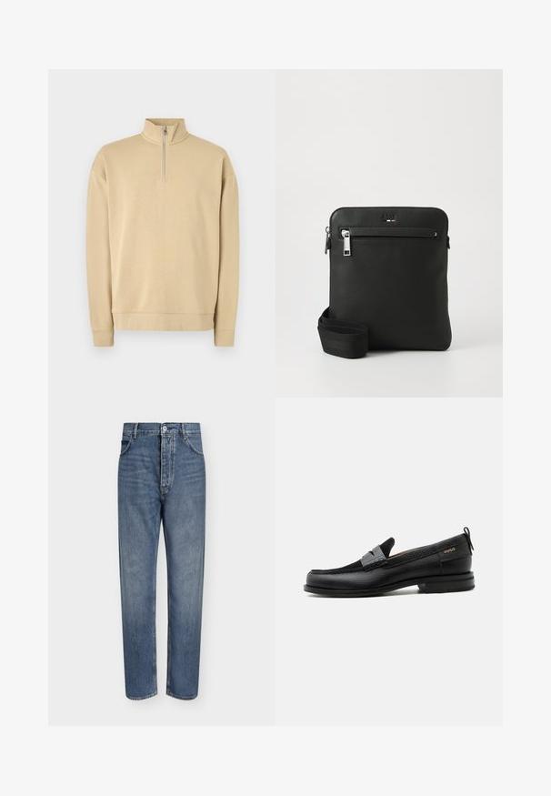 Beige Sweatshirt mit hohem Kragen und halbem Reißverschluss. Verfügt über gerippte Bündchen und Saum sowie ein dezentes Logo auf der Brust. Glatte Textur.; Gerade geschnittene blaue Jeans aus Denim mit hoher Taille, Frontknopfverschluss und Fünf-Taschen-Design auf einem schlichten hellen Hintergrund.; Schwarzer Lederloafer mit grauem Riemendetail, niedrigem Absatz und strukturierter Sohle, seitlich mit „HUGO“ in Gold gebrandmarkt.; Schwarze Leder-Umhängetasche mit flachem Design, strukturierter Oberfläche, Reißverschluss, Vordertasche und verstellbarem Stoffriemen.