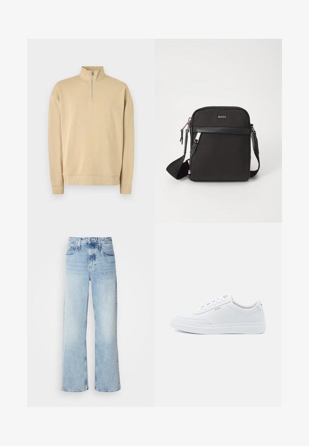 Beige sweatshirt med høy hals og halv glidelås. Har ribbestrikkede mansjetter og kant, med en subtil logo på brystet. Glatt tekstur.; Vaaleansiniset leveät farkut korkealla vyötäröllä, joissa on haalistunut pinta, vyölenkit ja klassinen viisi-taskumalli. Helmassa on raaka viimeistely.; Valkoiset nahkakengät, joissa on sileä pinta, pyöreä kärki ja tonalisointi. Varustettu sinisillä nauhoilla ja kultaisella logolla sivussa.; Musta olkalaukku, jossa on teksturoitu kangas, logo edessä, vetoketjusuljenta ja säädettävä hihna. Varustettu sileällä nahkareunalla.