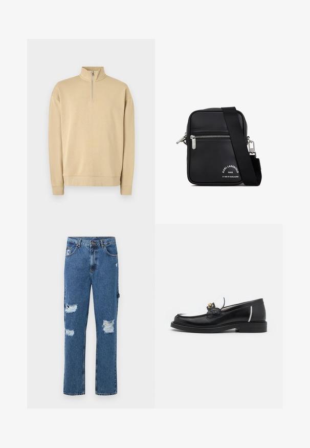 Beige Sweatshirt mit hohem Kragen und halbem Reißverschluss. Verfügt über gerippte Bündchen und Saum sowie ein dezentes Logo auf der Brust. Glatte Textur.; Blaue Jeans aus Denim mit beschädigten Stellen an beiden Beinen, Fünf-Taschen-Design, Knopfverschluss und Gürtelschlaufen.; Schwarze Lederloafers mit runder Zehenpartie, weißen Akzenten und goldenen Beschlägen auf dem Vorderblatt. Verfügt über ein strukturiertes Patch und einen gestapelten Absatz.; Schwarze Leder-Umhängetasche mit silbernem Zubehör, einem Reißverschlussfach, einer strukturierten Oberfläche und auffälliger weißer Markenbeschriftung auf der Vorderseite.