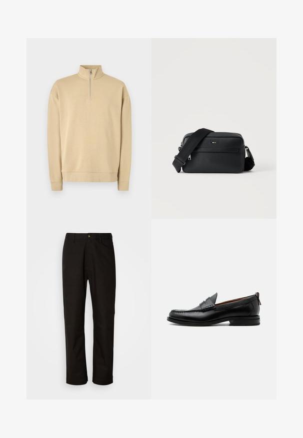 Beige sweatshirt med høy hals og halv glidelås. Har ribbestrikkede mansjetter og kant, med en subtil logo på brystet. Glatt tekstur.; Mustat puuvillahousut, joissa on suora leikkaus, vyölenkit, etuvetoketju ja yksi nappisuljenta. Sujuva pinta ilman näkyviä kuvioita.; Miesten musta nahka loafer mokkakengännissäpäällysteisesti, pennihihnalla, teksturoidulla kauluksella ja matalalla pinotulla korolla valkoisella taustalla.; Musta, teksturoidusta nahasta valmistettu crossbody-laukku, jossa etutasku vetoketjulla ja säädettävä leveä kangashihna valkoisella taustalla.