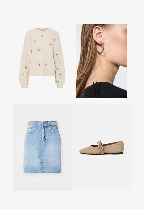 Pull beige avec une texture côtelée, orné de broderies florales bleues. Encolure ronde et manches longues amples.; Jupe courte en denim bleu clair avec taille haute, coutures visibles et un design d'ourlet asymétrique. Comprend une fermeture à bouton à l'avant.; Ballerines en daim beige de style Mary Jane avec un bout pointu et une seule sangle réglable dotée d'une boucle en métal argenté. Semelle plate noire.; Boucle d'oreille en argent avec une finition polie, présentant de petits détails en or et de forme ronde, portée sur le lobe.