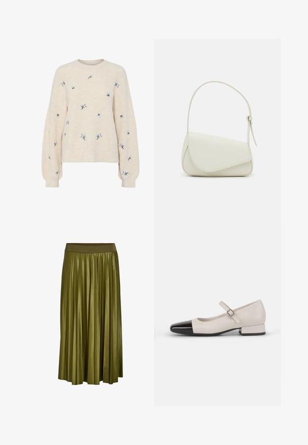 Suéter beige con textura acanalada, con bordado floral azul. Cuello redondo y mangas largas y sueltas.; Falda midi plisada verde caqui con cintura elástica ancha y textura de tela suave.; Zapato estilo Mary Jane en cuero crema con puntera de charol negro. Presenta una punta redonda, tirante en el tobillo con una hebilla cuadrada y un tacón bajo y cuadrado.; Bolso de mano de imitación cuero blanco con una forma triangular estructurada, correa ajustable única y cierre con solapa acentuada en curva.