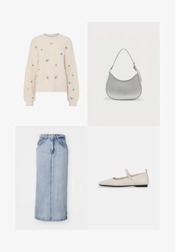 Beige striktrøje med ribbet tekstur, prydet med blå blomsterbroderi. Rund halsudskæring og løse, lange ærmer.; Lyseblå denim midi-nederdel med en tætsiddende talje, forstænk og sidelommer; har en let falmet tekstur.; Hvide ballerinasko i læder med spids tå, ankelsnor og lav sort hæl. Glat tekstur med minimale detaljer.; Sølv faux læder håndtaske med en buet form, kort justerbar strop og glat overflade, præget af minimal syning.