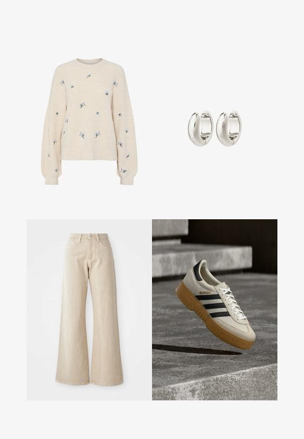 Suéter beige con textura acanalada, con bordado floral azul. Cuello redondo y mangas largas y sueltas.; Jeans de mezclilla anchos en color beige, con una cintura alta, bolsillos frontales y un diseño liso sin patrones ni acentos.; Zapatilla deportiva de ante beige con rayas negras, cordones blancos y suela de goma color caramelo. Presenta la marca "SPEZIAL" en el lateral.; Pendientes de aro plateados con un diseño suave y curvado y un acabado pulido. Presentan un cierre seguro y una forma sólida y robusta.