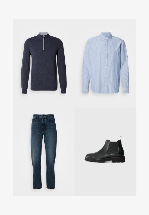 Mørkeblå halv-zip sweater med en grå krave. Fremstillet af et struktureret stof, med lange ærmer og en tætsiddende pasform.; Lys blå skjorte med hvide striber, som har en klassisk krave og lange ærmer. Fremstillet af vævet stof med en glat tekstur.; Mørkeblå lige bukser med frontknap og lynlås, fem-lomme design og subtil fading på lår og knæ.; Sorte læder chelsea-støvler med elastisk sideskæring, afrundet tå, tekstureret sål og lille hængsel ved hælen.