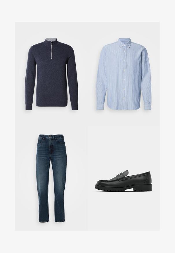 Pull en demi-zip bleu marine avec un col gris. Fabriqué à partir d'un tissu texturé, il possède des manches longues et un design ajusté.; Chemise à boutons en bleu clair avec des rayures blanches, dotée d'un col classique et de manches longues. Fabriquée en tissu tissé avec une texture lisse.; Jeans droits bleu foncé avec fermeture à bouton et zip à l'avant, design à cinq poches, et subtile décoloration sur les cuisses et les genoux.; Mocassins en cuir noir à bout arrondi, avec un design cousu, une semelle plateforme basse et une semelle en caoutchouc texturée et crantée.