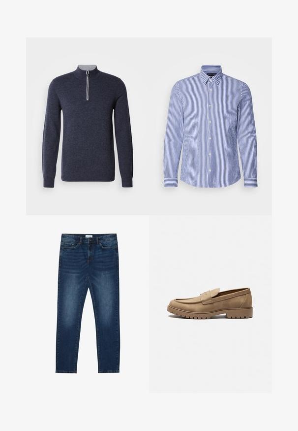 Suéter azul marino con media cremallera y cuello gris. Hecho de una tela texturizada, cuenta con mangas largas y un diseño ajustado.; Camisa de botones de manga larga a rayas azul y blanca, hecha de algodón tejido, con un cuello clásico y un dobladillo redondeado. Presenta botones perlados.; Vaqueros ajustados de color azul oscuro con detalles desgastados, diseño clásico de cinco bolsillos, cierre de botón y presillas para cinturón.; Mocasines de gamuza color marrón claro con punta redondeada, suela plana de goma y costuras decorativas en la parte superior. Presentan un diseño sin cordones para poner y quitar fácilmente.