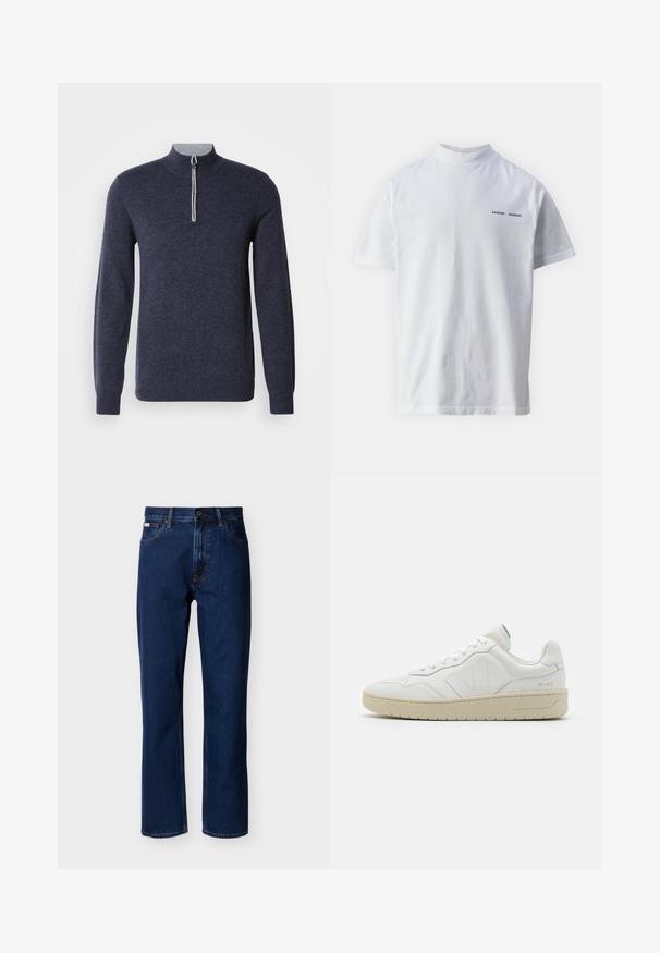 Námornícky polovičný zips sveter so šedým golierom. Vyrobený z textúrovaného materiálu, s dlhými rukávmi a priliehavým strihom.; Biely bavlnený tričko s vysokým výstrihom a krátkymi rukávmi. Na prednej strane sa nachádza logo "SAMSØE SAMSØE" v čiernej farbe. Hladká textúra.; Tmavomodré rifle s priamym strihom vyrobené z denimu, s klasickým päťvreckovým dizajnom, jemným prešívaním a zapínaním na predné gombíky.; Biele kožené tenisky s textúrovaným povrchom a polstrovaným golierom. Majú béžovú gumovú podrážku a diskrétne značenie na päte a boku.