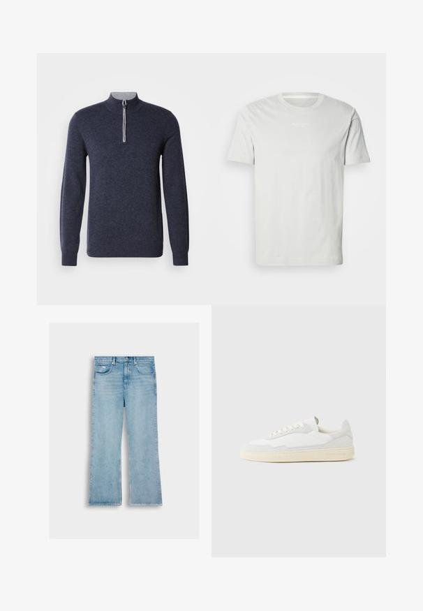 Marineblauwe half-zip trui met een grijze kraag. Gemaakt van een gestructureerde stof, met lange mouwen en een nauwsluitend ontwerp.; Witte katoenen t-shirt met korte mouwen, ronde halslijn en een klein logo op de borst. Zachte textuur en een klassieke pasvorm. Geen patronen.; lichtblauwe denim jeans met een rechte pijp, met vijf zakken, een knoopsluiting en stiksels langs de naden.; Witte sneaker met een bovenwerk van gestructureerd suède en leer. Voorzien van een afgeronde neus, vetersluiting en een contrasterende beige rubberen zool.