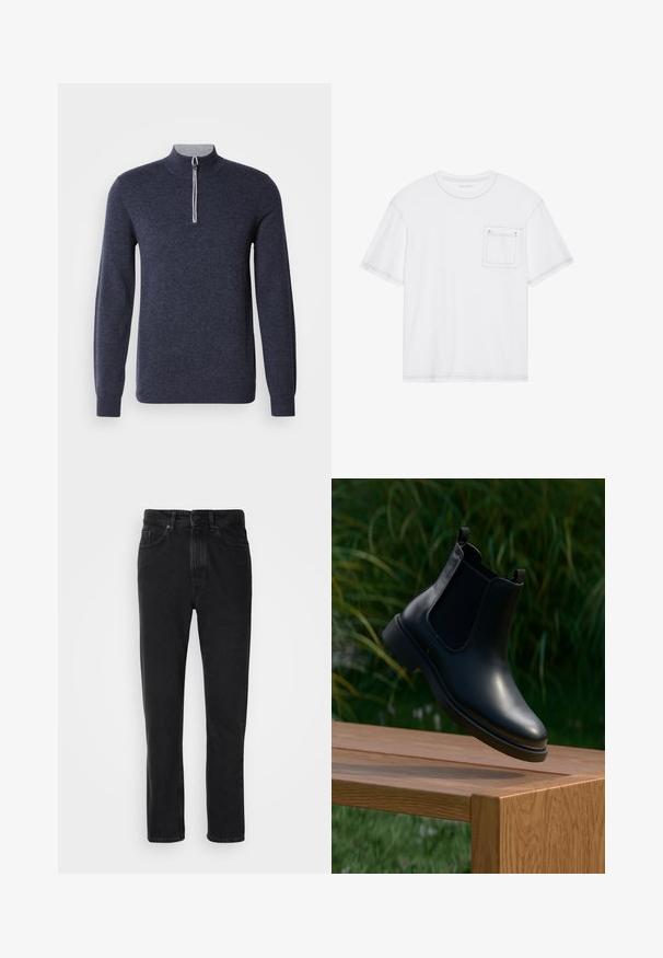 Suéter azul marino con media cremallera y cuello gris. Hecho de una tela texturizada, cuenta con mangas largas y un diseño ajustado.; Camiseta de algodón blanca con mangas cortas, cuello redondo y un bolsillo en el pecho. Presenta costuras en contraste a lo largo de los bordes.; Jeans de mezclilla negra con un diseño de pierna recta, que presentan un cierre de botón y cremallera, bolsillos frontales y una textura sutil.; Botín de cuero negro hasta el tobillo con paneles laterales elásticos flotando sobre un banco de madera, con un fondo de follaje verde.