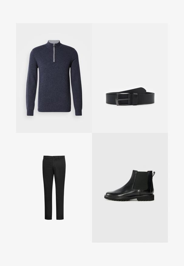 Marineblauwe half-zip trui met een grijze kraag. Gemaakt van een gestructureerde stof, met lange mouwen en een nauwsluitend ontwerp.; Zwarte broek gemaakt van een katoenmix, met een slim fit ontwerp, een vlakke voorkant en een knoopsluiting. Geen zichtbare patronen of accenten.; Zwarte leren Chelsea-boot met elastische zijpanelen, ronde neus en gestructureerde rubberen zool. Heeft een aantrektab aan de achterkant.; Zwarte leren riem met een gladde textuur, voorzien van een zilverkleurige metalen gesp en een klassiek ontwerp. Verstelbare lengte, minimalistische stijl.