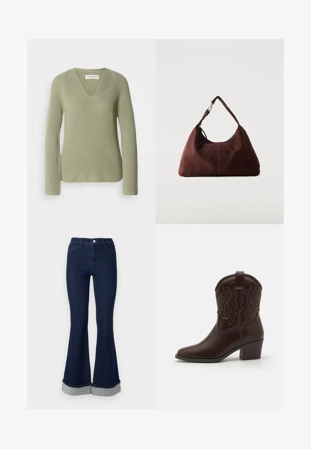 Strikket sweater i lysegrøn, med V-hals, lange ærmer og ribbet tekstur. Mærket er synligt ved halsudskæringen.; Mørkeblå flare jeans med høj talje, med en lyseblå foldet kant og fire lommer. Fremstillet af denim med en glat tekstur.; Brune læder cowboystøvler med spidse tæer, præget vinge mønster, en midhøj blokhæl og en pull-tab bagpå.; Blød brun ruskind skuldertaske med en enkelt rem og sølvfarvet metal hardware på en ensartet lys baggrund.