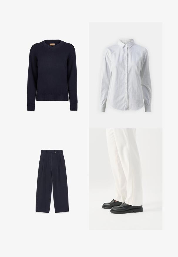 Pull en v bleu marine en tricot doux ; possède des poignets et un ourlet côtelés. Design simple et classique sans motifs ni embellissements.; Chemise blanche à manches longues en coton lisse, dotée d'un col classique et d'un ourlet arrondi. Les boutons sont petits et blancs.; Pantalon à jambes larges de couleur bleu marine foncé, fabriqué en tissu texturé. Il présente des plis à l'avant, une ceinture à boutons et des poches latérales.; Personne portant un pantalon blanc sur mesure et des mocassins en cuir noirs, debout sur un fond blanc.