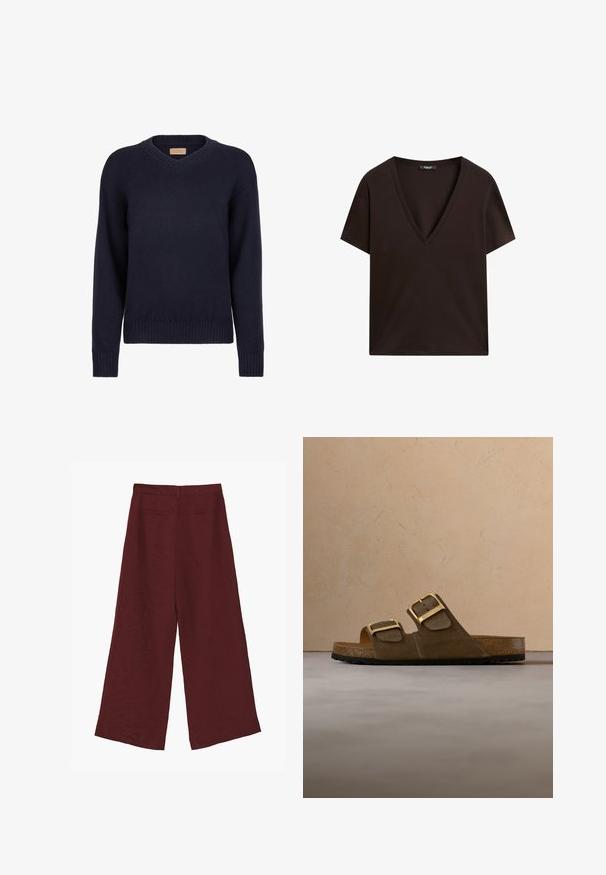 Pull en v bleu marine en tricot doux ; possède des poignets et un ourlet côtelés. Design simple et classique sans motifs ni embellissements.; T-shirt marron foncé à manches courtes avec col en V et ourlet droit, présenté à plat sur fond blanc.; Pantalon large couleur bordeaux profond avec taille haute et deux poches passepoilées à l'arrière, présenté à plat sur fond blanc.; Sandale mule en daim marron avec deux boucles dorées réglables, semelle intérieure en liège et semelle extérieure en caoutchouc noir texturé, semblant flotter au-dessus d'une surface tissée.