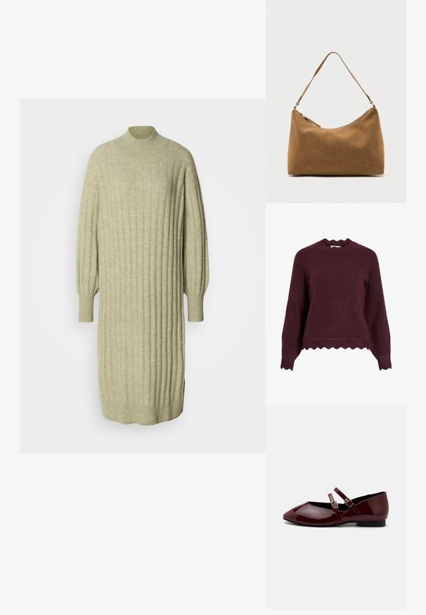 Burgunderrød strikket sweater med lange ærmer, scallop-halsudskæring og tekstureret kant med zigzag-mønster. Blødt materiale, tætsiddende design.; Lys grøn strikket kjole med ribbet tekstur, høj nøglehals og ballonærmer. Løs pasform med sideslids ved kanten.; Anna Field Ballerinasko m/ rem - dark red; Brun skuldertaske i ruskind med enkelt rem og lynlås øverst, vist mod en ensfarvet hvid baggrund.